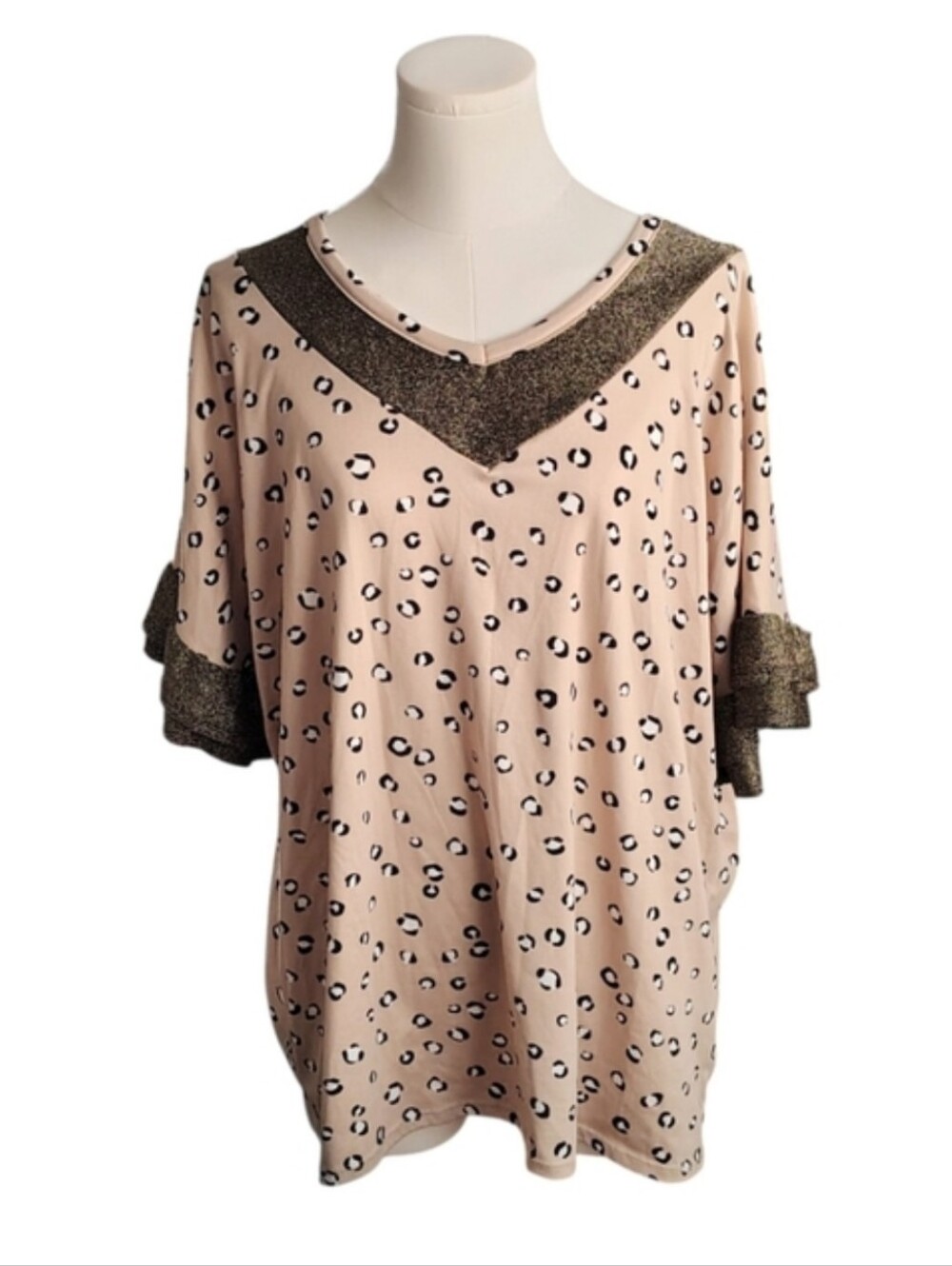 Vintage Perfect Peach Bronze Metallic Leopard Print Ruffled Blouse Size XL